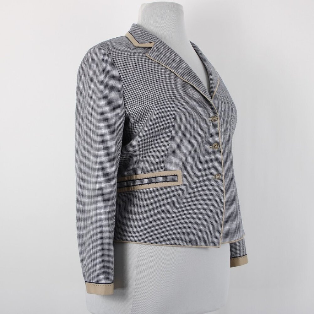 Carlisle Sz 16 Navy Blue White Brown Faux Pockets Lined Silk Wool Cotton Jacket - Picture 6 of 12